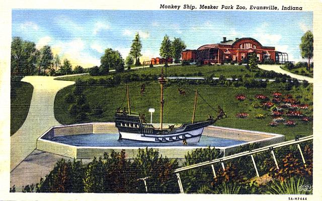 43 Monkey Ship, Mesker Park Zoo, Evansville IN (ppc 1950s)